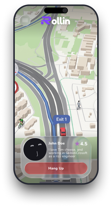 Rollin app showing a live voice call with a matched traveler on a map